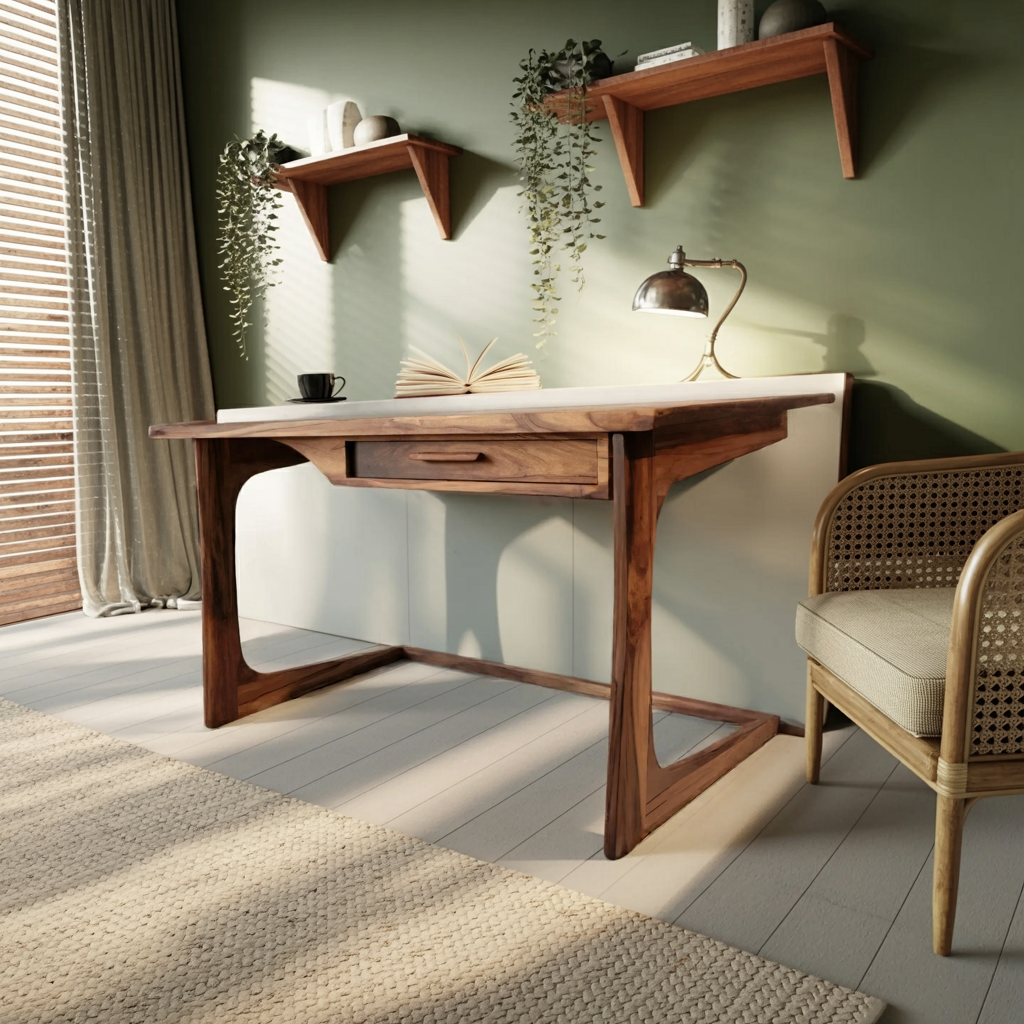 Mid Century Modern Desk With Drawer For Home Office And Workspace