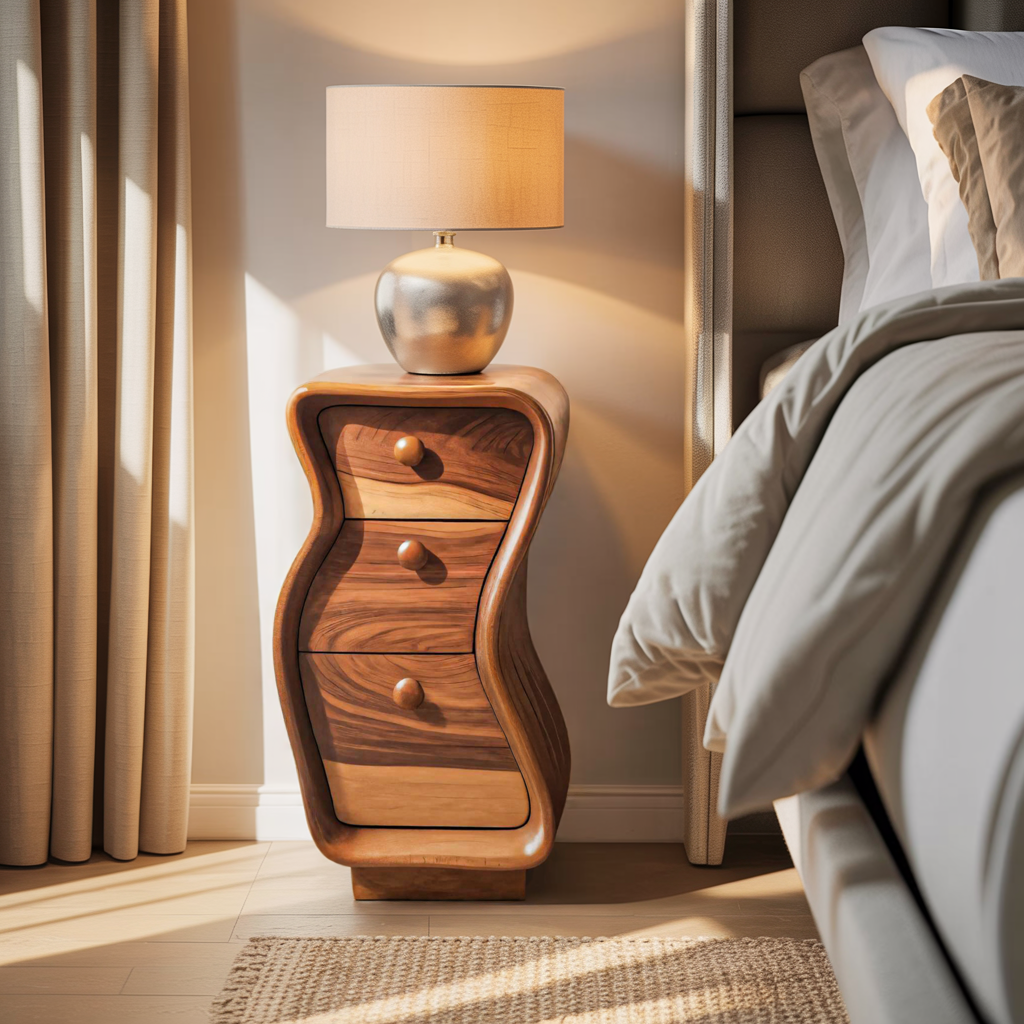 Wavy Sculpted Nightstand With Drawers For Bedroom And Contemporary Interior