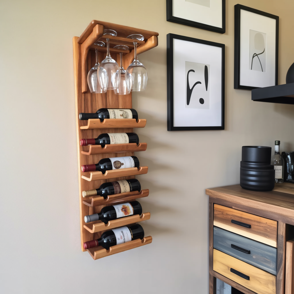 Wall Mounted Wooden Wine Rack With Glass Holder For Kitchen Or Home Bar