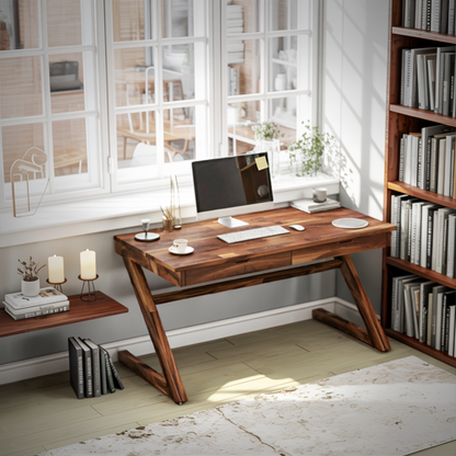 Modern Z Leg Wooden Writing Desk With Drawers For Home Office Or Studio
