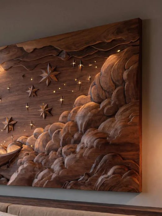 Hand Carved Wall Art Moon And Stars Panel With LED For Bedroom