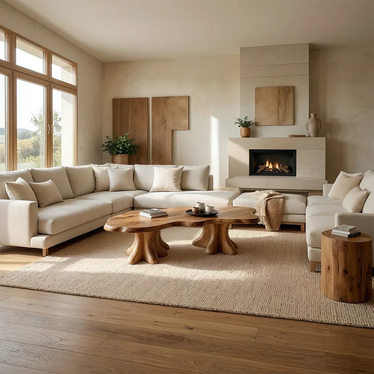 Brown coffee table with flat top and block base