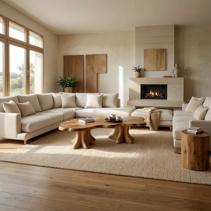 Brown coffee table with flat top and block base