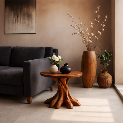 Featuring a brown color side table with round top and sculptural base for decor display