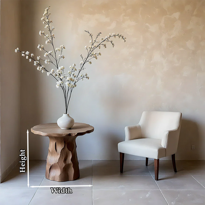 The walnut color end table combines a textured base with a smooth round top for daily use