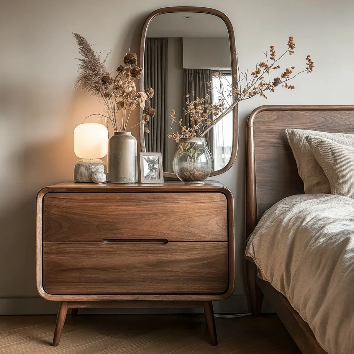 Rounded edge nightstand featuring smooth curved corners and elegant walnut tone finish bedside design