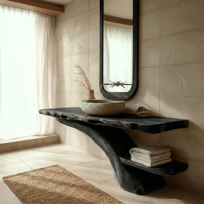Stylish interior with brown wood bathroom vanity and floating shelf.