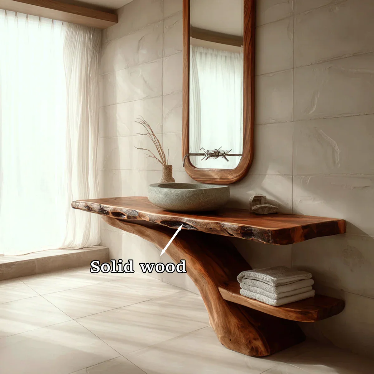 Contemporary bathroom setup with brown wood bathroom vanity and decor.