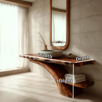 Minimalist bathroom with brown wood bathroom vanity and natural light.
