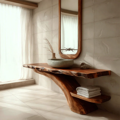 Modern bathroom with brown wood bathroom vanity and stone vessel sink.