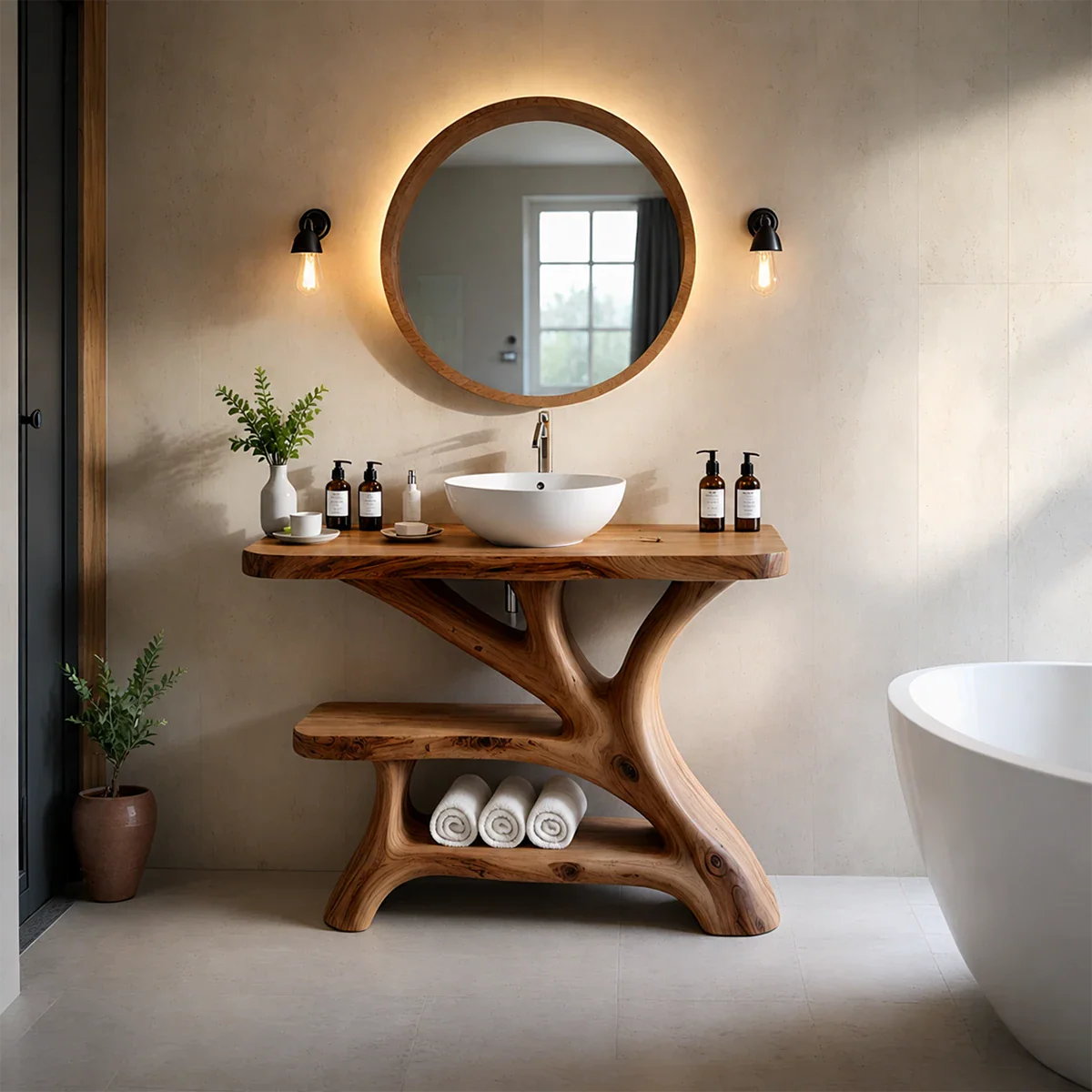 Bathroom Vanity Natural Solid Wood Sculptural Branch Base with Shelf