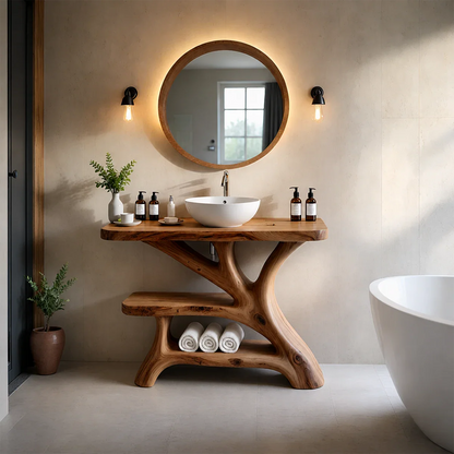 Bathroom Vanity Natural Solid Wood Sculptural Branch Base with Shelf