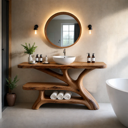 Bathroom Vanity Natural Solid Wood Sculptural Branch Base with Shelf