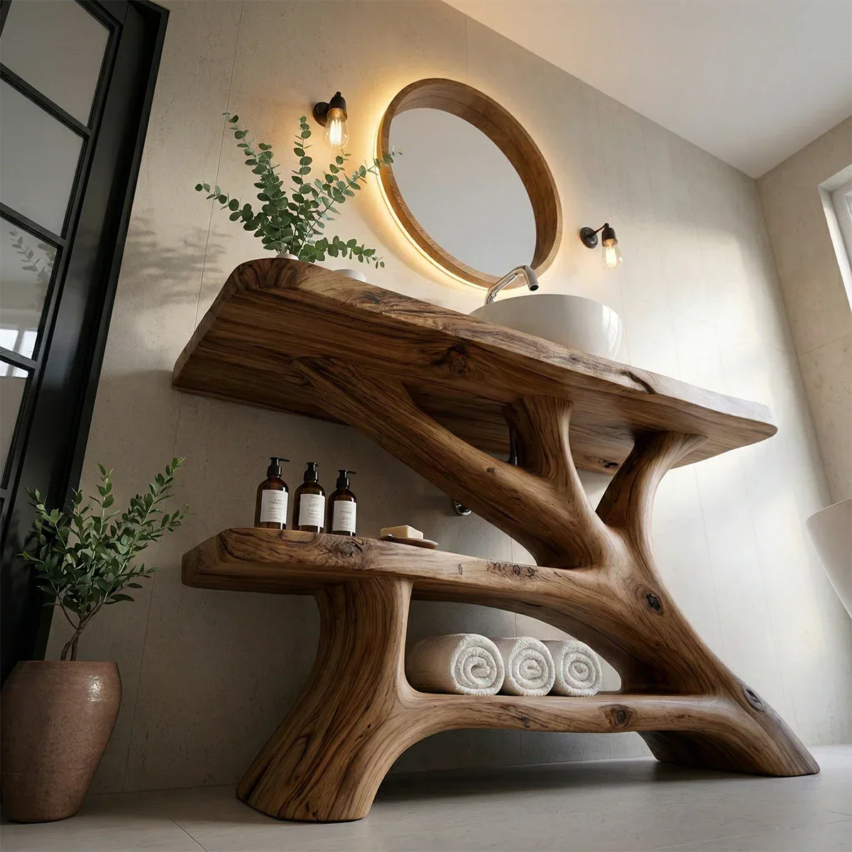 Handcrafted brown wood bathroom vanity with branch base