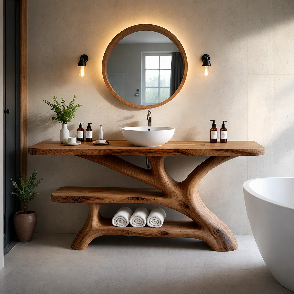 Bathroom Vanity Natural Solid Wood Sculptural Branch Base with Shelf