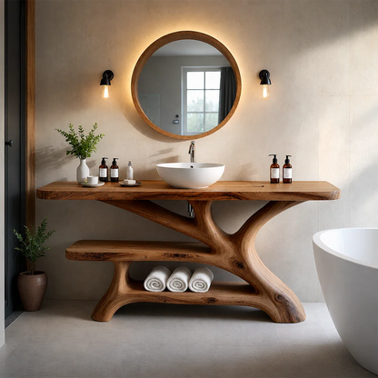 Bathroom Vanity Natural Solid Wood Sculptural Branch Base with Shelf