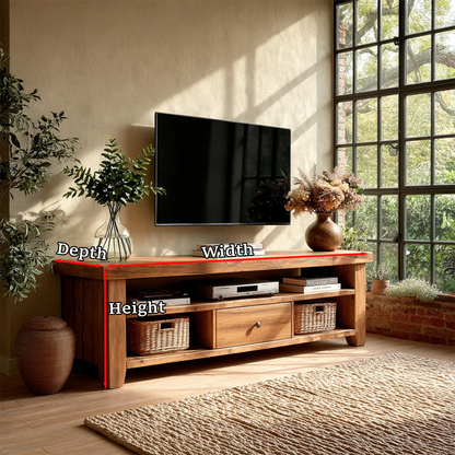 Inviting living room design with low TV stand and open shelving for storage baskets