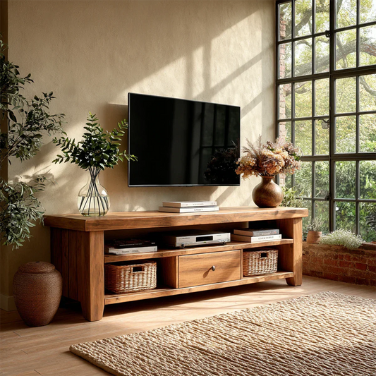 Rustic TV console with open shelves and storage baskets in warm natural wood living room