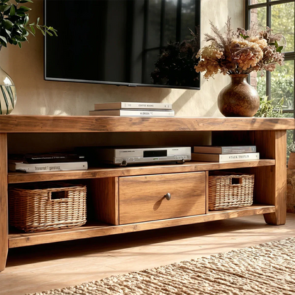 Warm interior styled with low TV unit and woven basket storage under shelf design