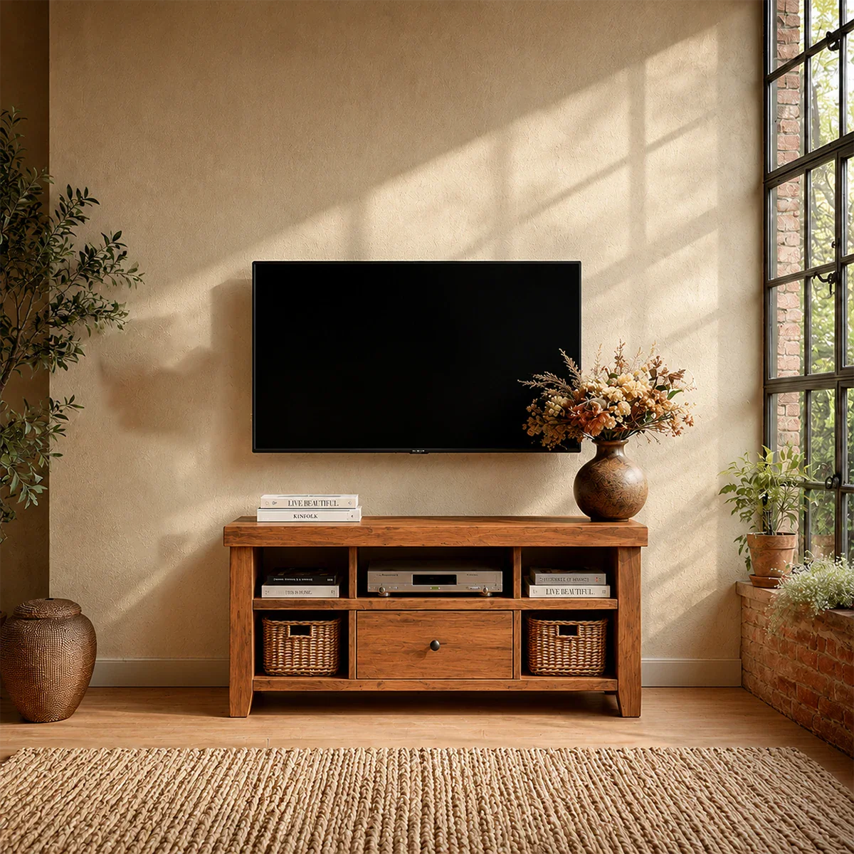 Modern Natural Wood TV Stand with Center Drawer and Open Storage Shelves for Living Room