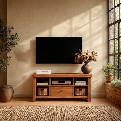 Modern Natural Wood TV Stand with Center Drawer and Open Storage Shelves for Living Room