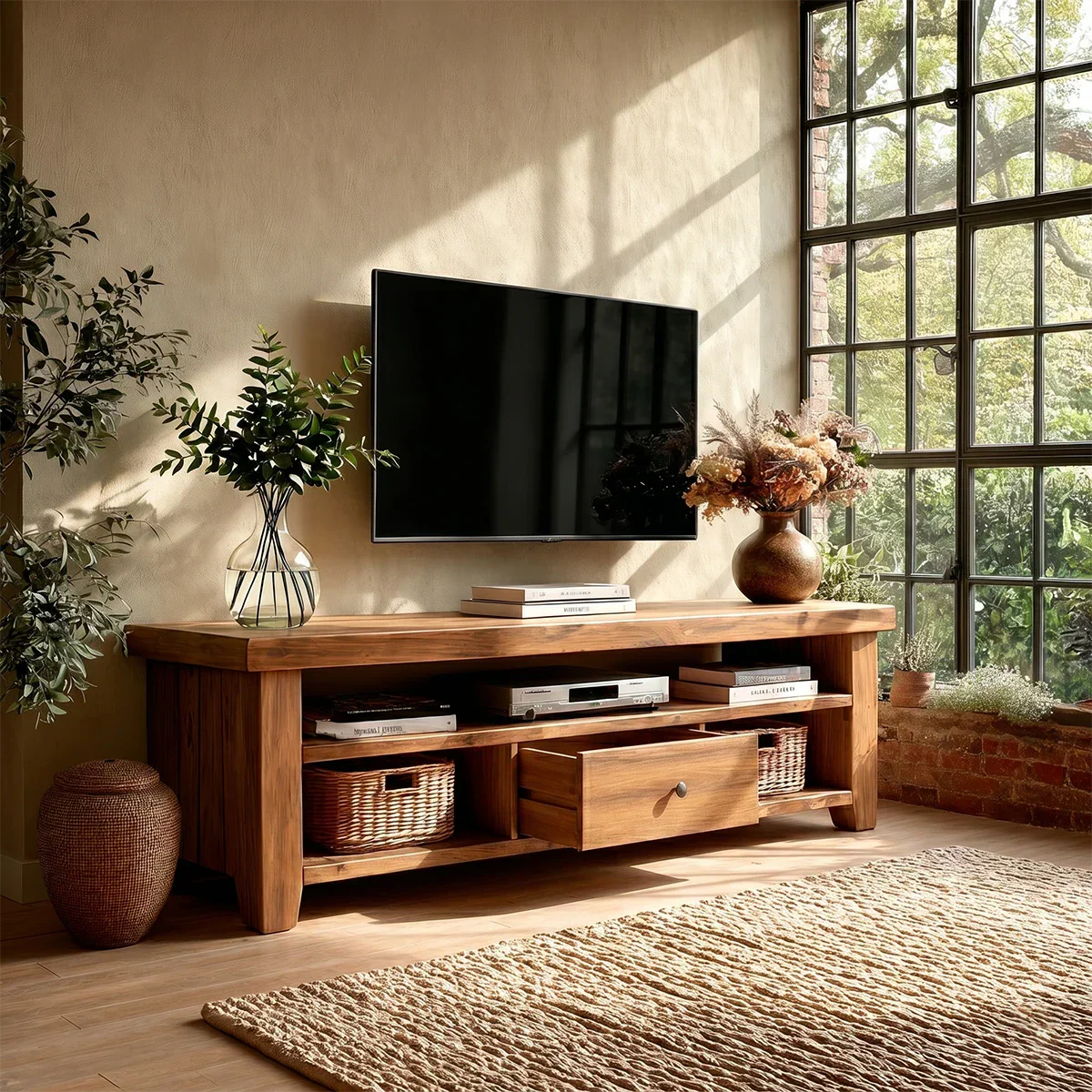 Traditional style TV stand with practical shelving and natural wood tone in home setting