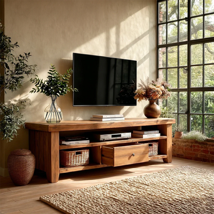 Traditional style TV stand with practical shelving and natural wood tone in home setting