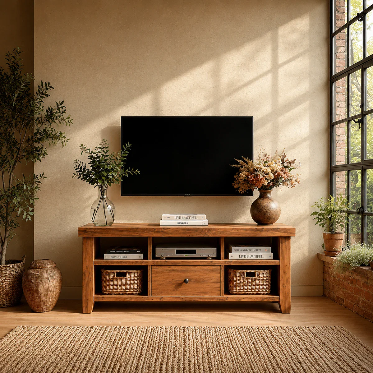 Modern Natural Wood TV Stand with Center Drawer and Open Storage Shelves for Living Room