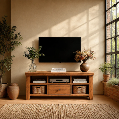 Modern Natural Wood TV Stand with Center Drawer and Open Storage Shelves for Living Room