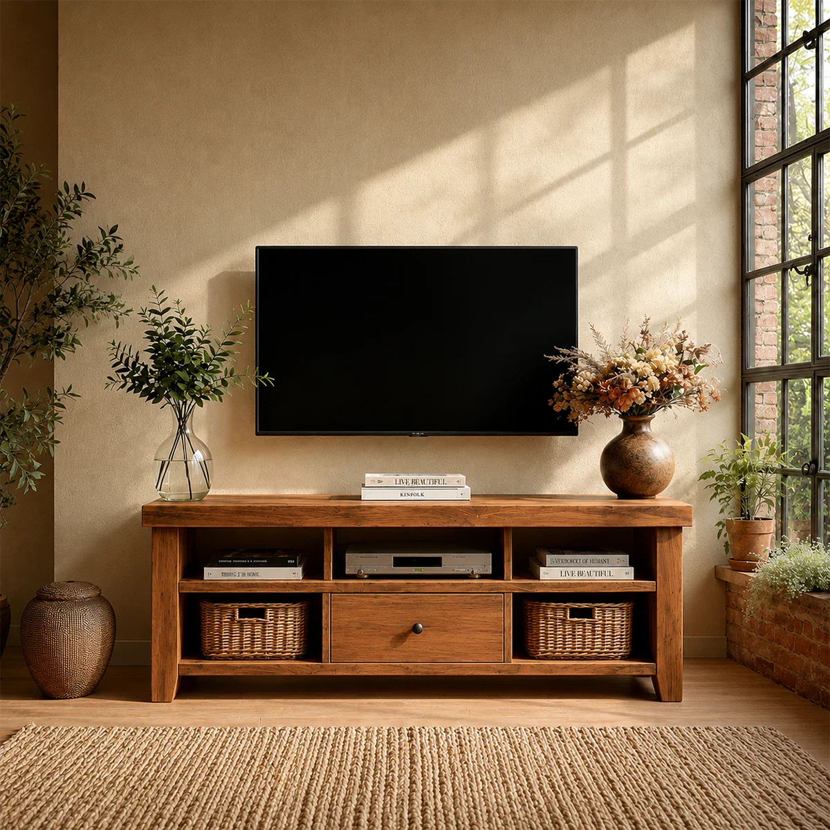 Modern Natural Wood TV Stand with Center Drawer and Open Storage Shelves for Living Room