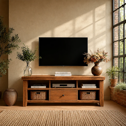 Modern Natural Wood TV Stand with Center Drawer and Open Storage Shelves for Living Room