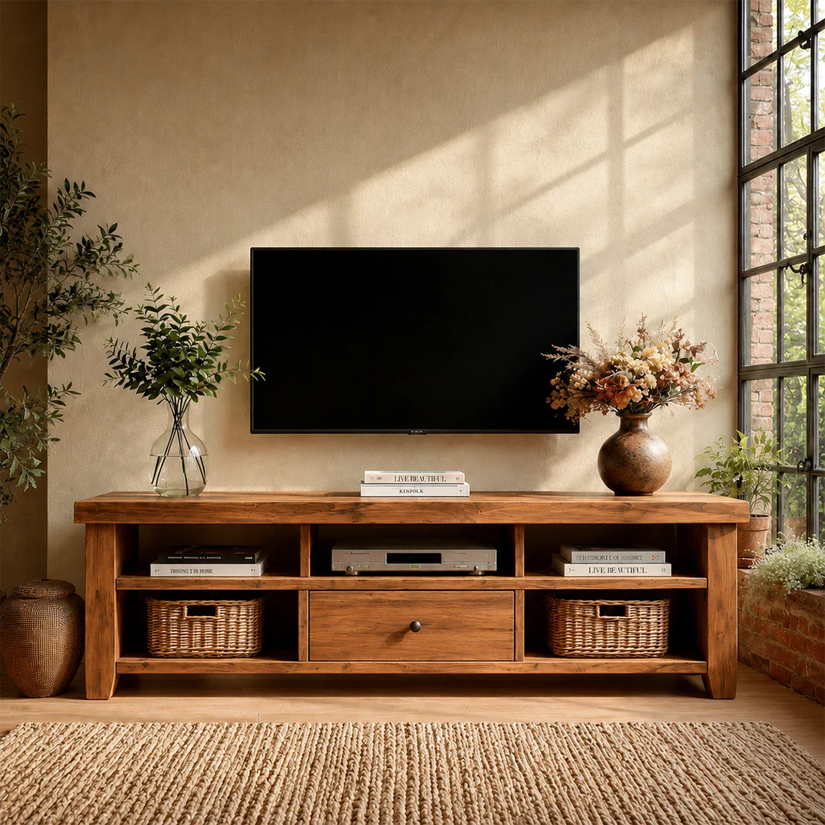 Modern Natural Wood TV Stand with Center Drawer and Open Storage Shelves for Living Room