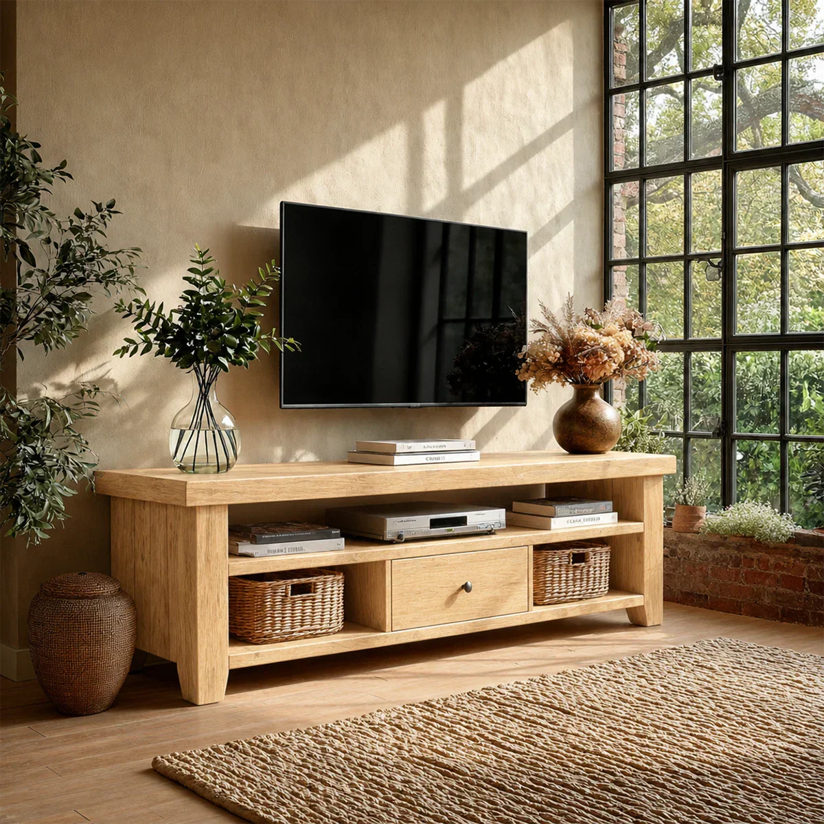 Earthy tone living room featuring TV console with functional open storage layout