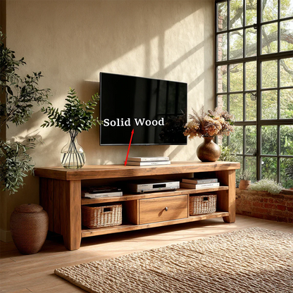 Homey media console with organized compartments and natural wood appearance