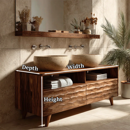 Stylish walnut double bathroom vanity with natural stone vessel basins