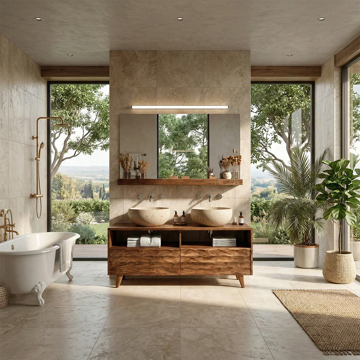 Solid walnut double bathroom vanity with open towel storage