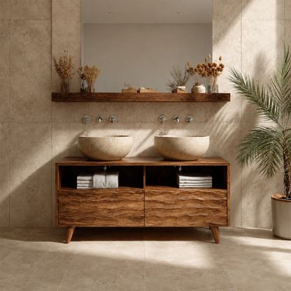 Double Sink Natural Solid Wood Bathroom Vanity With Hand-Carved Texture
