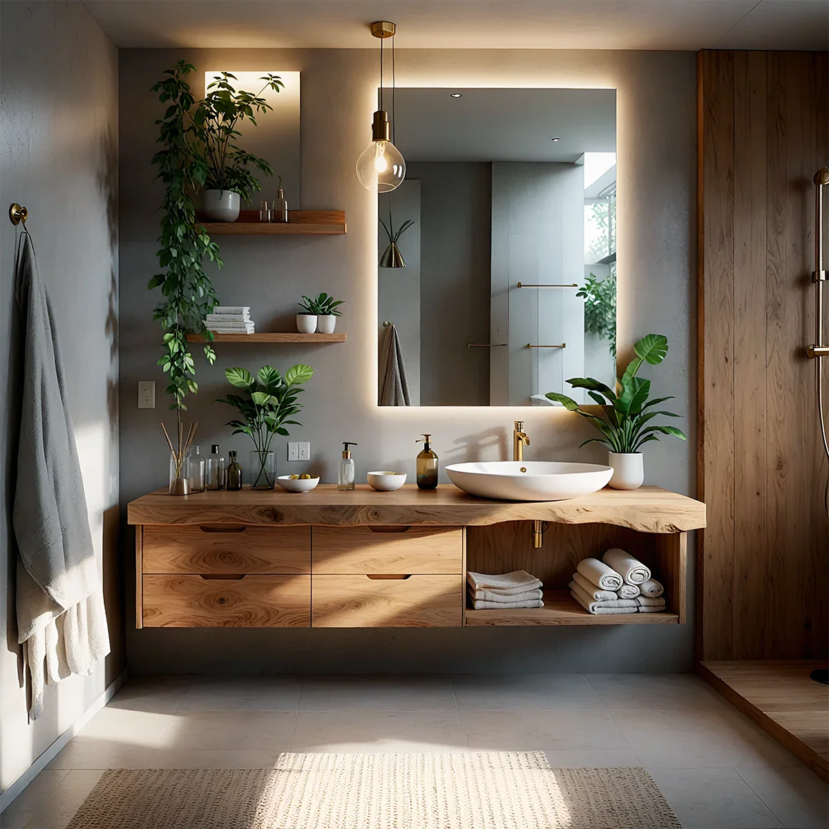 Organic Live Edge Solid Wood Floating Vanity With Drawer Storage