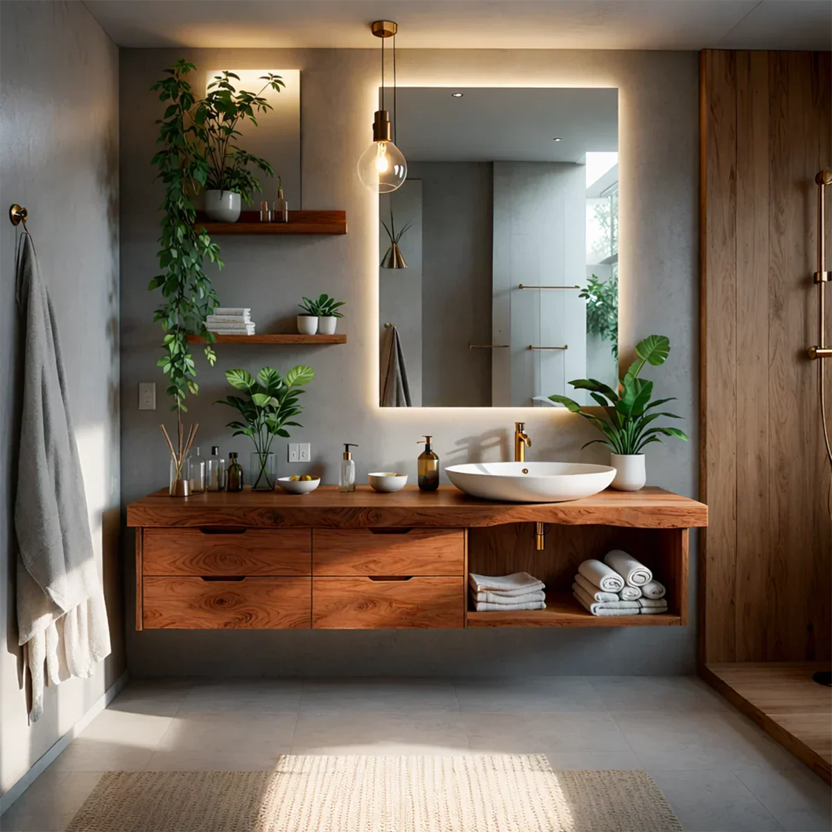 Elegant oak floating bathroom vanity in Scandinavian bathroom interior