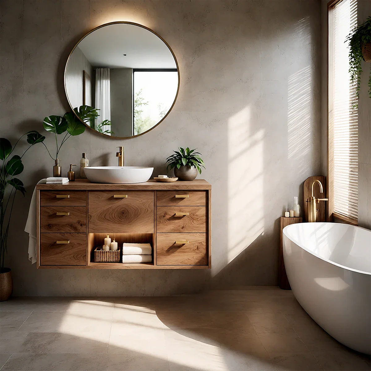 Modern Natural Solid Wood Bathroom Vanity With Multi Drawer Storage