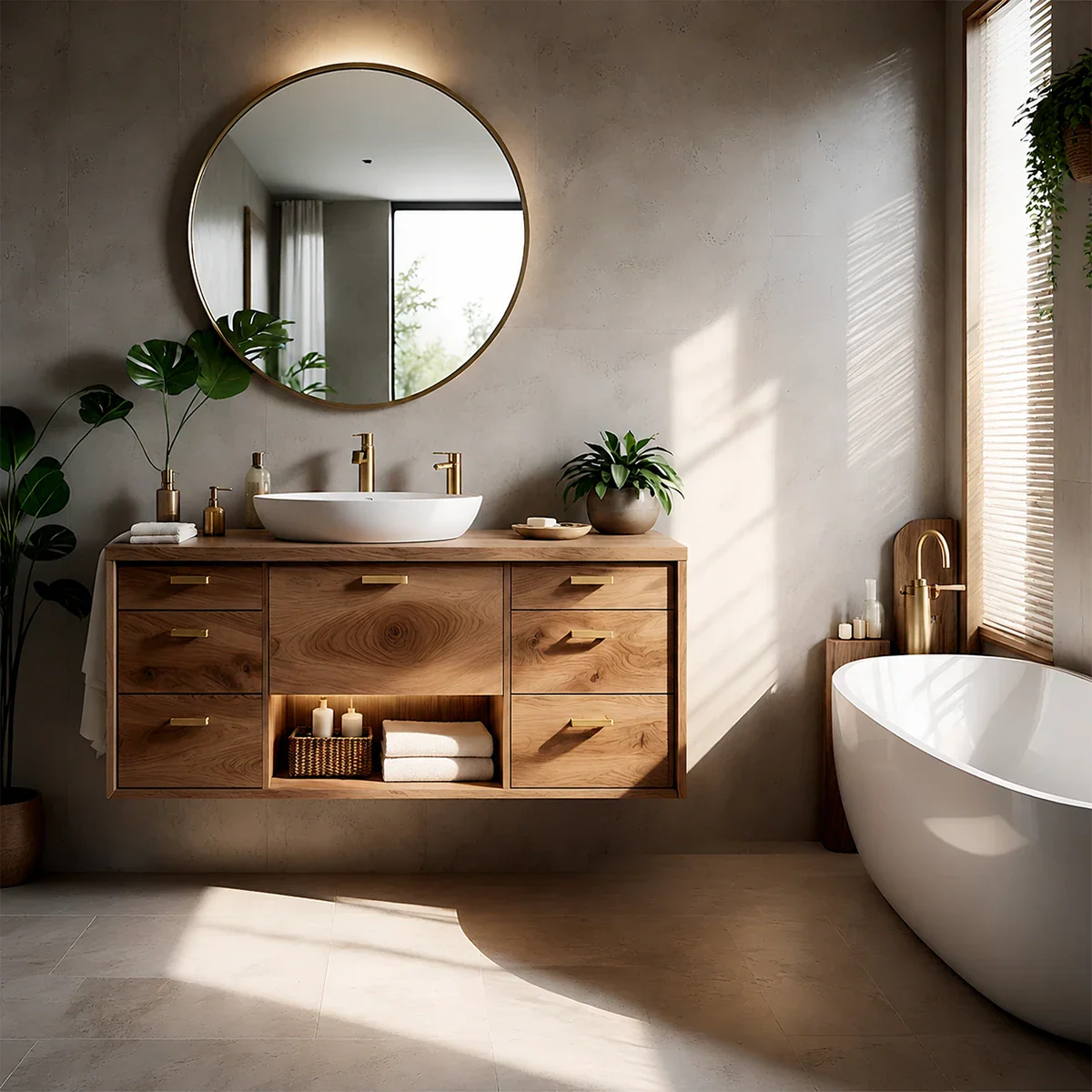 Modern Natural Solid Wood Bathroom Vanity With Multi Drawer Storage