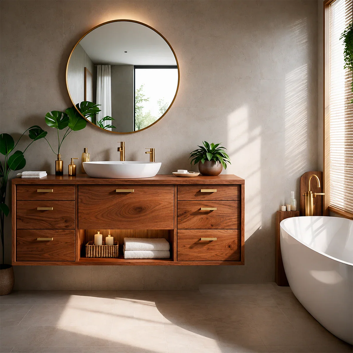 Bathroom with wooden vanity, round mirror, and bathtub