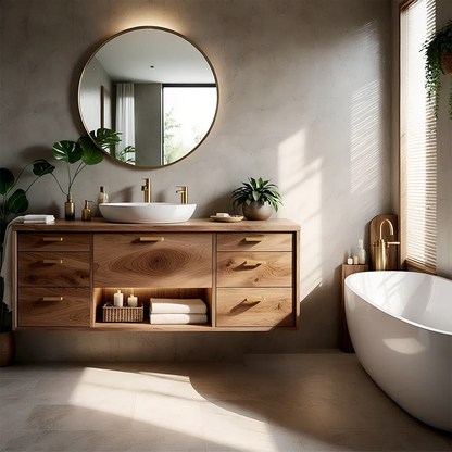 Modern Natural Solid Wood Bathroom Vanity With Multi Drawer Storage