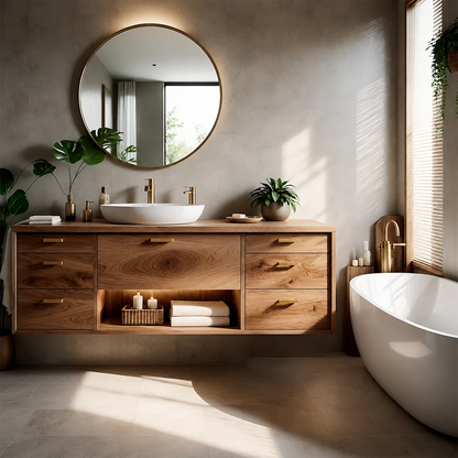 Modern Natural Solid Wood Bathroom Vanity With Multi Drawer Storage