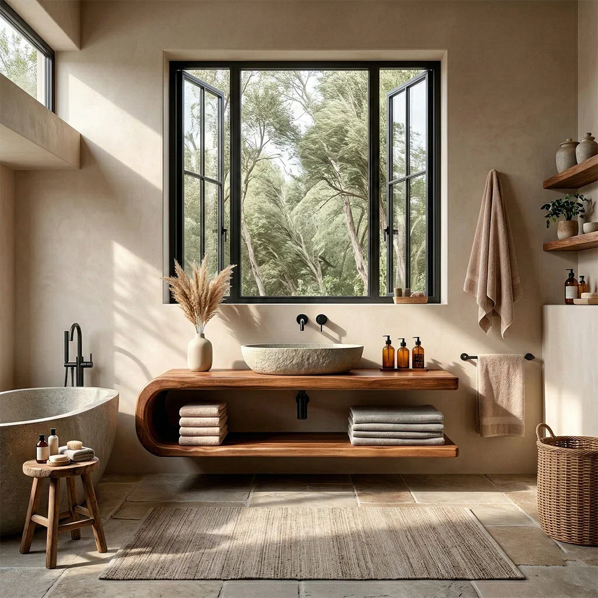 Minimalist floating vanity with open storage and oak color – floating bathroom vanity