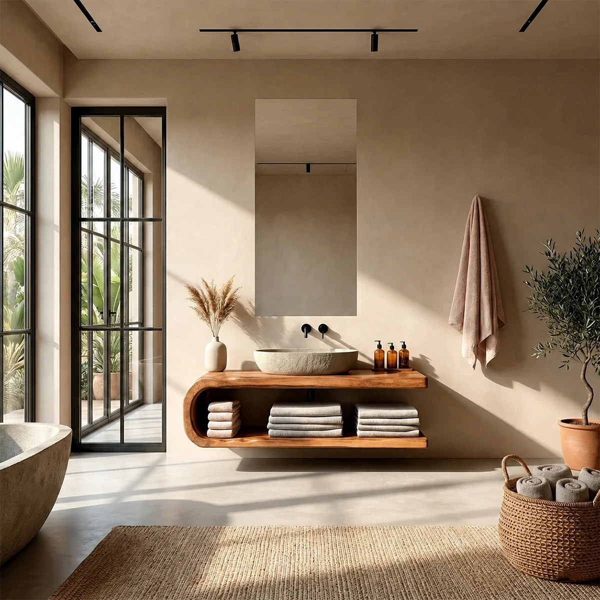 Floating Natural Solid Wood Bathroom Vanity With Open Shelf Storage