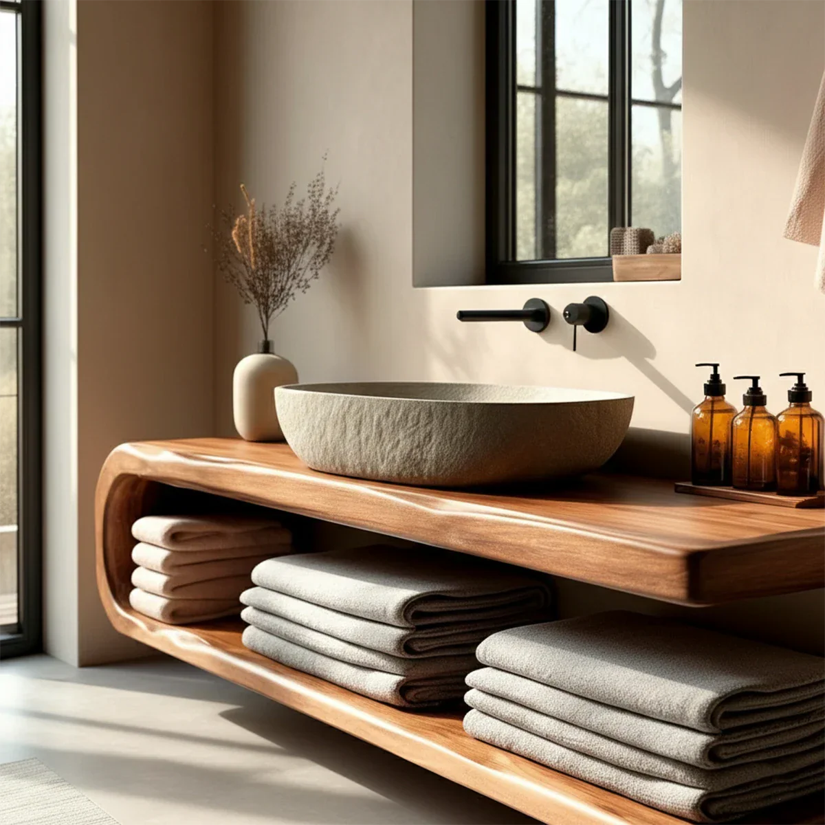 Solid wood floating vanity with minimalist open shelf – solid wood bathroom vanity