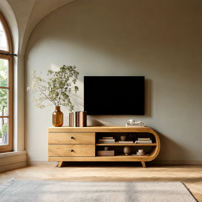 Asymmetrical Natural Solid Wood TV Stand with Drawers and Open Shelf Storage