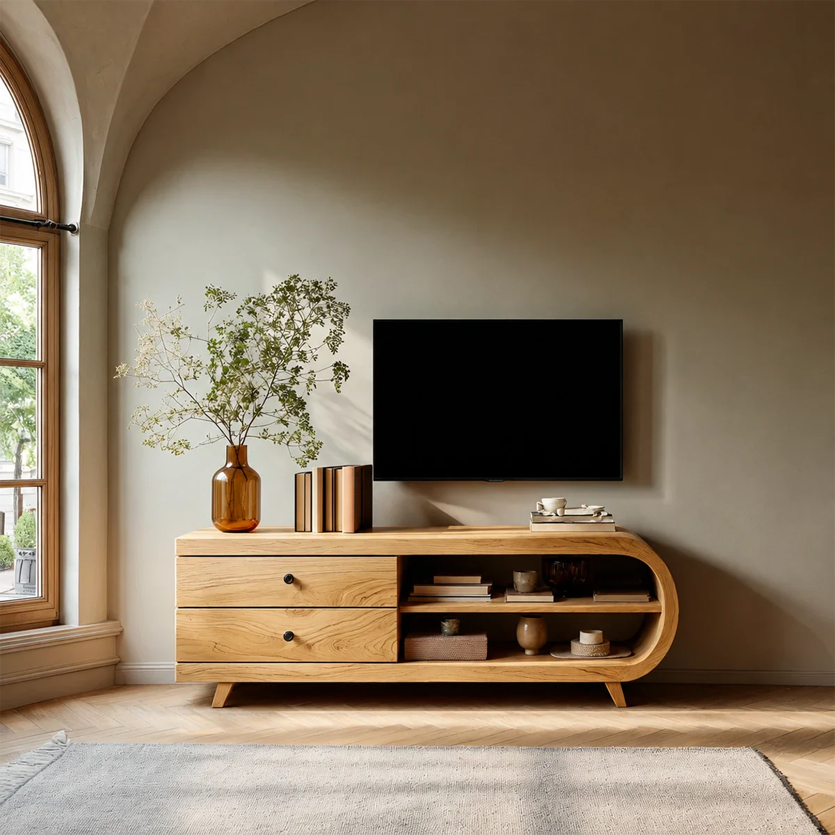 Asymmetrical Natural Solid Wood TV Stand with Drawers and Open Shelf Storage