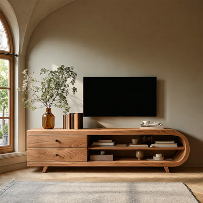 Functional living room TV unit with mixed storage and smooth rounded side design